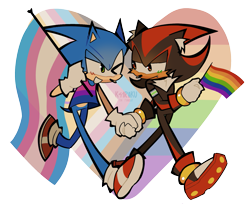 Size: 1449x1185 | Tagged: safe, artist:k41raku, shadow the hedgehog, sonic the hedgehog, agender, agender pride, bisexual, bisexual pride, blushing, cute, duo, ear fluff, flag, gay, gay pride, green blush, heart, holding hands, holding something, lidded eyes, looking at each other, one fang, pride, pride flag, progress pride, semi-transparent background, shadow x sonic, shipping, signature, smile, t4t, tank top, trans boy sonic, trans male, trans pride, transgender, walking, wink