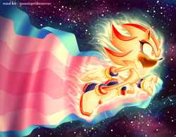 Size: 2000x1562 | Tagged: safe, artist:sonicpridecorner, shadow the hedgehog, super shadow, abstract background, flag, flying, holding something, looking offscreen, pride, pride flag, signature, smile, solo, star (sky), super form, trans female, trans girl shadow, transfem pride, transfeminine, transgender