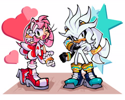 Size: 2048x1638 | Tagged: safe, artist:shmokeymoe, amy rose, silver the hedgehog, amybetes, cute, duo, hair up, heart, looking at viewer, silvabetes, simple background, smile, standing, star (symbol), v sign, white background, wink