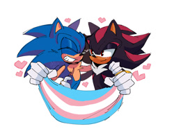 Size: 1237x1000 | Tagged: safe, artist:draivysand, shadow the hedgehog, sonic the hedgehog, arm around shoulders, blushing, chest fluff, duo, flag, gay, heart, holding something, pride, pride flag, shadow x sonic, shipping, simple background, smile, t4t, top surgery scars, trans male, trans pride, transgender, white background