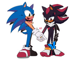 Size: 1237x1000 | Tagged: safe, artist:draivysand, shadow the hedgehog, sonic the hedgehog, bug, butterfly, chest fluff, cute, duo, engagement ring, gay, heart, holding hands, literal animal, looking at something, shadow x sonic, shipping, simple background, smile, t4t, top surgery scars, trans male, transgender, white background