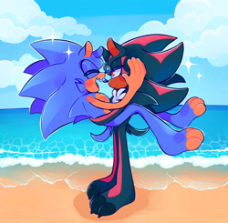 Size: 1447x1417 | Tagged: safe, artist:justashedd, shadow the hedgehog, sonic the hedgehog, abstract background, barefoot, beach, blushing, carrying them, claws, clouds, cute, daytime, duo, eyes closed, gay, looking at them, mouth open, ocean, open smile, outdoors, paws, shadow x sonic, shadowbetes, shipping, smile, sonabetes, sparkles, standing