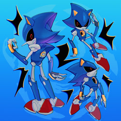 Size: 2000x2000 | Tagged: safe, artist:draivysand, metal sonic, abstract background, black sclera, looking at viewer, looking back, looking back at viewer, looking offscreen, robot, solo, standing