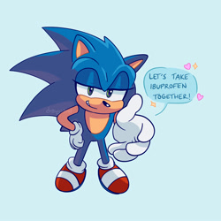 Size: 2000x2000 | Tagged: safe, artist:draivysand, sonic the hedgehog, blue background, dialogue, english text, hand on hip, hand out, heart, let's take ibuprofen together, lidded eyes, looking at viewer, meme, reaching towards the viewer, signature, simple background, smile, solo, sparkles, standing
