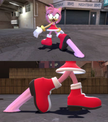 Size: 1280x1440 | Tagged: safe, artist:tailsshoes2020, amy rose, 3d, boots, bubblegum, chewing gum, close-up, feet fetish, fetish, gmod, gum, shoes, solo, stepping, street, stuck