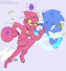 Size: 3072x3317 | Tagged: safe, artist:blue soul, sonic the hedgehog, hedgehog, human, bag, brawl stars, costume, crossover, duo, female, gems, helmet, male, max (brawl stars), ring, running, skull, sneakers, superhero outfit