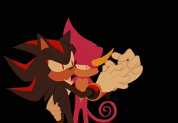 Size: 1738x1200 | Tagged: safe, artist:kirby64star, espio the chameleon, shadow the hedgehog, black background, frown, gay, holding each other, looking offscreen, shadpio, shipping, simple background, standing