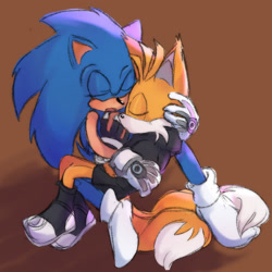 Size: 1440x1440 | Tagged: safe, artist:m27pb, miles "tails" prower, nine, sonic the hedgehog, brown background, duo, eyes closed, gay, holding each other, nine x sonic, shipping, simple background, sonic x tails