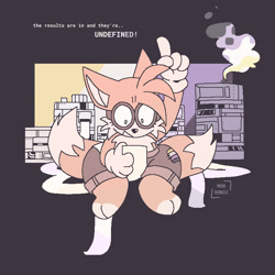 Size: 753x752 | Tagged: safe, artist:sonicpridecorner, miles "tails" prower, barefoot, clothes, cute, dialogue, english text, eyelashes, goggles, holding something, looking at something, machinery, nonbinary, nonbinary pride, pants, paws, pointing, sitting, smoke, solo, solo nonbinary, tailabetes