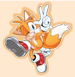 Size: 1988x2048 | Tagged: safe, artist:underlineballin, miles "tails" prower, clenched fist, clenched teeth, looking at viewer, mid-air, outline, posing, simple background, smile, solo, v sign, wink