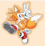 Size: 1988x2048 | Tagged: safe, artist:underlineballin, miles "tails" prower, clenched fist, clenched teeth, looking at viewer, mid-air, outline, posing, simple background, smile, solo, v sign, wink