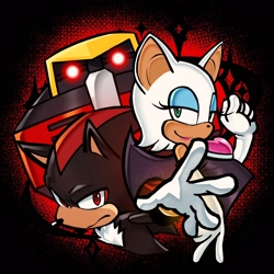 Size: 2048x2048 | Tagged: safe, artist:bluebertea, e-123 omega, rouge the bat, shadow the hedgehog, abstract background, frown, glowing eyes, lidded eyes, looking at viewer, reaching towards the viewer, robot, smile, team dark, trio, uekawa style