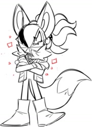 Size: 745x1032 | Tagged: safe, artist:neonspindash, infinite the jackal, arms folded, infinite's mask, jacket, line art, looking offscreen, monochrome, phantom ruby, simple background, sketch, solo, standing, white background