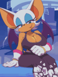 Size: 750x1000 | Tagged: suggestive, artist:twistedgrimtv, rouge the bat, abstract background, breasts, busty rouge, huge breasts, pasties, riders outfit, shirt lift, sitting, wide hips