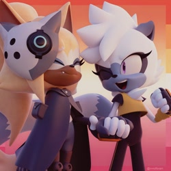 Size: 1280x1280 | Tagged: safe, artist:wwolforam, tangle the lemur, whisper the wolf, 2023, 3d, duo, eyes closed, holding hands, lesbian, lesbian pride, pride, pride flag, pride flag background, redraw, shipping, smile, standing, tangle x whisper, wink