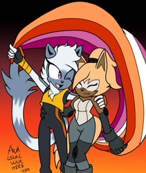 Size: 640x760 | Tagged: safe, artist:solfox11, tangle the lemur, whisper the wolf, 2024, duo, eyes closed, flag, flat colors, gradient background, holding each other, holding something, lesbian, lesbian pride, one fang, pride, pride flag, shipping, signature, smile, standing, tangle x whisper, wink