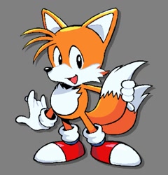 Size: 753x786 | Tagged: safe, artist:dsprite_e, miles "tails" prower, 2025, classic tails, cute, grey background, holding tail, looking at viewer, mouth open, open smile, redraw, simple background, smile, solo, standing