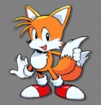 Size: 753x786 | Tagged: safe, artist:dsprite_e, miles "tails" prower, 2025, classic tails, cute, grey background, holding tail, looking at viewer, mouth open, open smile, redraw, simple background, smile, solo, standing