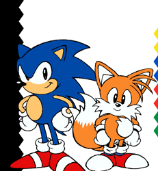 Size: 712x772 | Tagged: safe, artist:dsprite_e, miles "tails" prower, sonic the hedgehog, sonic the hedgehog 2, 2025, abstract background, classic sonic, classic tails, duo, flat colors, hands on hips, looking at viewer, smile, standing