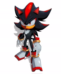 Size: 1695x2048 | Tagged: safe, artist:twixei0, shadow the hedgehog, 2025, frown, looking at viewer, shadow (lighting), signature, simple background, solo, standing, white background