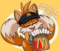 Size: 2955x2578 | Tagged: safe, artist:brachyzoid, miles "tails" prower, fox, bag, cute, dialogue, food, happy, hat, male, mcdonalds, solo, tailabetes