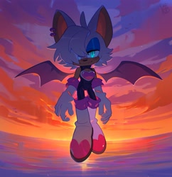 Size: 1983x2047 | Tagged: safe, artist:imlarked, rouge the bat, 2025, abstract background, clouds, flying, gender swap, glowing eyes, lidded eyes, looking at viewer, ocean, outdoors, redraw, smile, solo, sunset