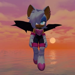 Size: 1440x1440 | Tagged: safe, artist:beepboopthebot, rouge the bat, 2025, 3d, abstract background, clouds, ear piercing, earring, flying, gender swap, hair over one eye, heart nose, lidded eyes, looking at viewer, ocean, outdoors, smile, solo, sun, sunset