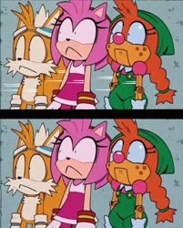 Size: 581x722 | Tagged: safe, amy rose, belle the tinkerer, miles "tails" prower, faic, frown, looking offscreen, reaction image, shrunken pupils, trio