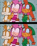 Size: 581x722 | Tagged: safe, amy rose, belle the tinkerer, miles "tails" prower, faic, frown, looking offscreen, reaction image, shrunken pupils, trio