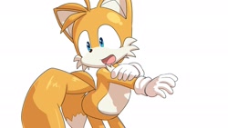 Size: 2048x1152 | Tagged: safe, artist:seen023hey, miles "tails" prower, 2025, hand on arm, hand on own arm, looking offscreen, mouth open, simple background, solo, standing, white background