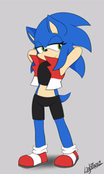 Size: 3000x5000 | Tagged: safe, artist:ilightance, sonic the hedgehog, 2020, arms behind head, clothes, crop top, eyelashes, flat colors, gender swap, grey background, jacket, lidded eyes, looking offscreen, open jacket, shorts, signature, simple background, sleeveless jacket, smile, solo, standing