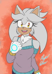 Size: 2066x2923 | Tagged: safe, artist:mayaalee, silver the hedgehog, 2021, abstract background, cleavage, clothes, eyelashes, flat colors, gender swap, looking at viewer, mouth open, neck fluff, open mouth, open smile, pants, shirt, signature, smile, solo, standing