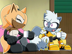 Size: 720x540 | Tagged: safe, artist:sonicguru, tangle the lemur, whisper the wolf, 2025, abstract background, duo, eyes closed, fake screenshot, frown, holding something, indoors, looking at them, mug, one fang, sitting, sonic x, sonic x style