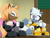 Size: 720x540 | Tagged: safe, artist:sonicguru, tangle the lemur, whisper the wolf, lemur, wolf, 2025, abstract background, duo, eyes closed, fake screenshot, female, frown, holding something, indoors, looking at them, mug, one fang, sitting, sonic x, sonic x style