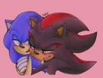Size: 1300x1000 | Tagged: safe, artist:just_nicki_, shadow the hedgehog, sonic the hedgehog, 2025, duo, gay, hugging, hugging from behind, lidded eyes, pink background, pride, shadow x sonic, shipping, signature, simple background, smile