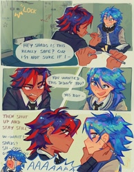 Size: 1586x2048 | Tagged: safe, artist:agydraws_, shadow the hedgehog, sonic the hedgehog, human, 2025, abstract background, dialogue, english text, heart tongue, humanized, indoors, needle, screaming, sitting, speech bubble, this will end in pain