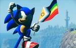 Size: 2048x1280 | Tagged: safe, artist:whisperwoif, sonic the hedgehog, 2025, 3d, clenched fists, flag, holding something, looking at viewer, mid-air, mouth open, open mouth, open smile, pride, pride flag, progress pride, smile, solo