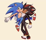 Size: 1906x1668 | Tagged: safe, artist:fwoompie, shadow the hedgehog, sonic the hedgehog, 2025, bisexual, bisexual pride, duo, face paint, gay, holding each other, mlm pride, nonbinary, nonbinary pride, pride, shadow x sonic, shipping, smile, standing, tongue out, top surgery scars, trans male, trans pride, transgender, wagging tail, yellow sclera
