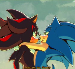 Size: 2048x1879 | Tagged: safe, artist:shady_tr, shadow the hedgehog, sonic the hedgehog, 2025, abstract background, dialogue, duo, english text, frown, gay, heart, holding them, lidded eyes, looking at each other, shadow x sonic, shipping, smile, tongue out