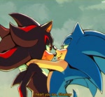 Size: 2048x1879 | Tagged: safe, artist:shady_tr, shadow the hedgehog, sonic the hedgehog, 2025, abstract background, dialogue, duo, english text, frown, gay, heart, holding them, lidded eyes, looking at each other, shadow x sonic, shipping, smile, tongue out