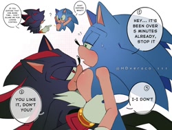 Size: 1502x1134 | Tagged: suggestive, artist:hdveraco_111, shadow the hedgehog, sonic the hedgehog, blushing, dialogue, duo, english text, gay, holding them, lidded eyes, question mark, shadow x sonic, shipping, speech bubble