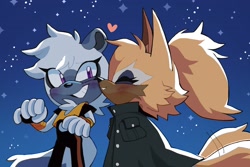 Size: 2048x1367 | Tagged: safe, artist:cawffeejelly, tangle the lemur, whisper the wolf, 2025, abstract background, blushing, cute, duo, heart, lesbian, nighttime, outdoors, shipping, smile, sparkles, standing, tangle x whisper, wagging tail, whispabetes