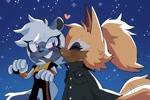 Size: 2048x1367 | Tagged: safe, artist:cawffeejelly, tangle the lemur, whisper the wolf, 2025, abstract background, blushing, cute, duo, heart, lesbian, nighttime, outdoors, shipping, smile, sparkles, standing, tangle x whisper, wagging tail, whispabetes