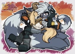Size: 2048x1464 | Tagged: safe, artist:yesioarts, tangle the lemur, whisper the wolf, 2025, abstract background, duo, holding each other, lesbian, lesbian pride, looking at viewer, outline, pride, pride flag background, shipping, signature, tangle x whisper, watermark