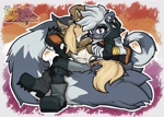 Size: 2048x1464 | Tagged: safe, artist:yesioarts, tangle the lemur, whisper the wolf, 2025, abstract background, duo, holding each other, lesbian, lesbian pride, looking at viewer, outline, pride, pride flag background, shipping, signature, tangle x whisper, watermark