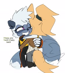 Size: 1817x2048 | Tagged: safe, artist:p1ctur33, tangle the lemur, whisper the wolf, 2025, blushing, dialogue, duo, english text, flat colors, hugging, lesbian, lidded eyes, one eye closed, scratching, shipping, smile, speech bubble, standing, tangle x whisper, wagging tail