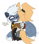 Size: 1817x2048 | Tagged: safe, artist:p1ctur33, tangle the lemur, whisper the wolf, 2025, blushing, dialogue, duo, english text, flat colors, hugging, lesbian, lidded eyes, one eye closed, scratching, shipping, smile, speech bubble, standing, tangle x whisper, wagging tail