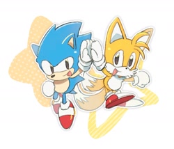 Size: 1680x1439 | Tagged: safe, artist:neku_646611, miles "tails" prower, sonic the hedgehog, 2025, abstract background, classic sonic, classic tails, cute, duo, high five, looking at viewer, mid-air, mouth open, open mouth, open smile, outline, sonabetes, star (symbol), tailabetes