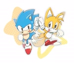 Size: 1680x1439 | Tagged: safe, artist:neku_646611, miles "tails" prower, sonic the hedgehog, fox, hedgehog, 2025, abstract background, classic sonic, classic tails, cute, duo, high five, looking at viewer, male, mid-air, mouth open, open mouth, open smile, outline, sonabetes, star (symbol), tailabetes