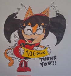 Size: 1915x2048 | Tagged: safe, artist:honeycrossworld, honey the cat, 2025, english text, eyes closed, flag, holding something, mouth open, one fang, open mouth, open smile, smile, solo, standing, traditional media
